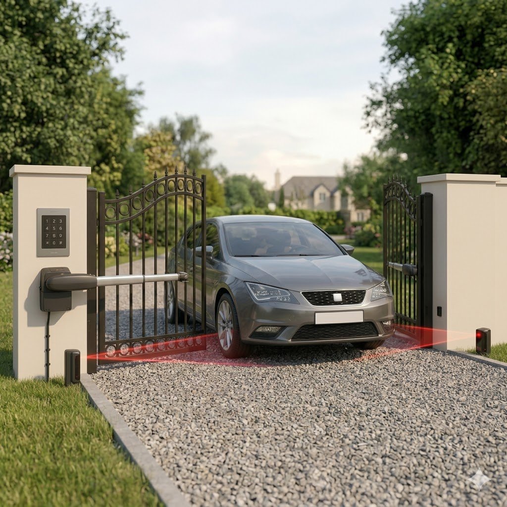 Silver sedan driving through an ornate gated driveway with red safety beams on the ground and a keypad on the left pillar (automatic gate) Best Home Automation and Home Cinema Company in Trivandrum Best Home Automation and Home Cinema Company in Trivandrum