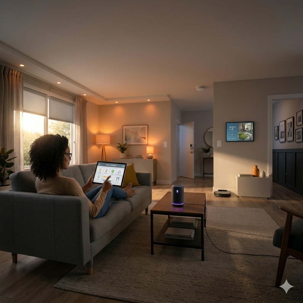 Person relaxing on a sofa with a tablet, in a warmly lit living room with a smart speaker on the coffee table nearby. Best Home Automation and Home Cinema Company in Trivandrum Best Home Automation and Home Cinema Company in Trivandrum