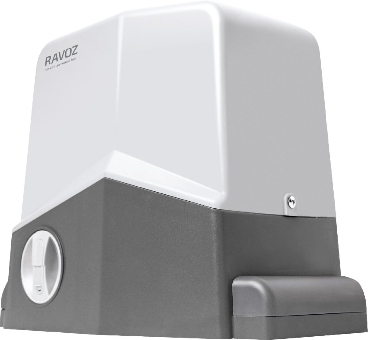 RAVODZ smart automation gate opener device with a gray base and white top. Best Home Automation and Home Cinema Company in Trivandrum Best Home Automation and Home Cinema Company in Trivandrum